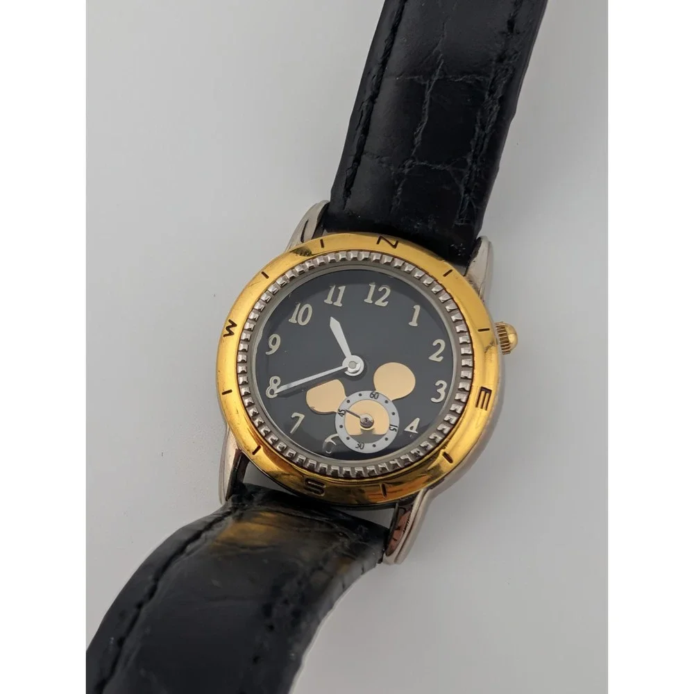 Disney Time Works Mickey Mouse Watch Women‎ Black Leather Band- New Battery